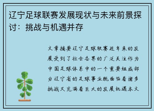 辽宁足球联赛发展现状与未来前景探讨：挑战与机遇并存