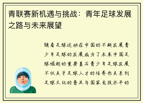 青联赛新机遇与挑战：青年足球发展之路与未来展望