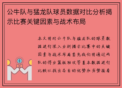 公牛队与猛龙队球员数据对比分析揭示比赛关键因素与战术布局